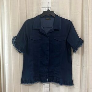 Reborn Dark Blue Denim Jacket with Ruffled Cap Sleeves & Hem Sz M